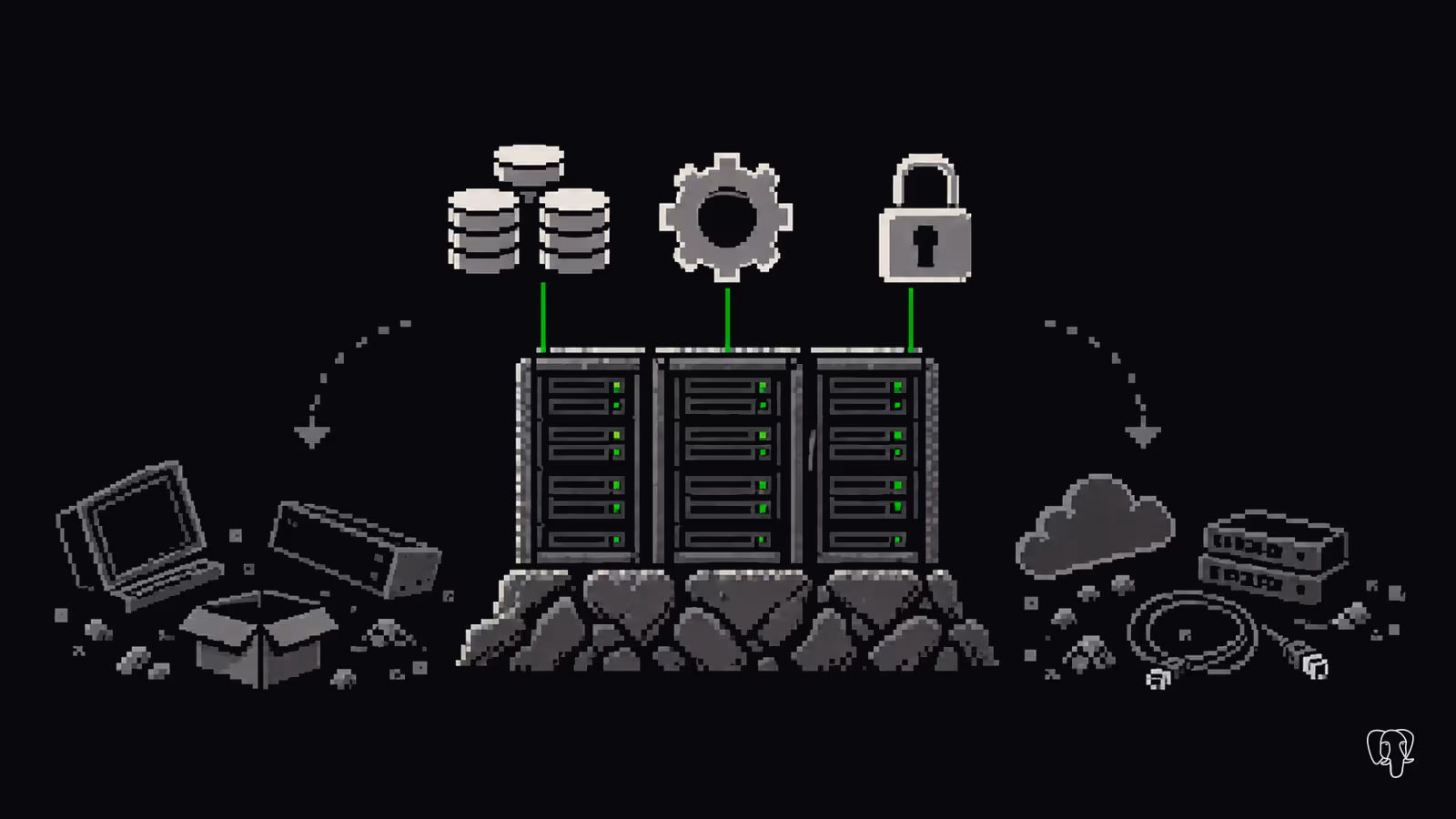 Pixel art : trois serveurs rack posés sur un socle de pierre, surmontés d’une base de données, d’un engrenage et d’un cadenas ; autour, du matériel en vrac.
