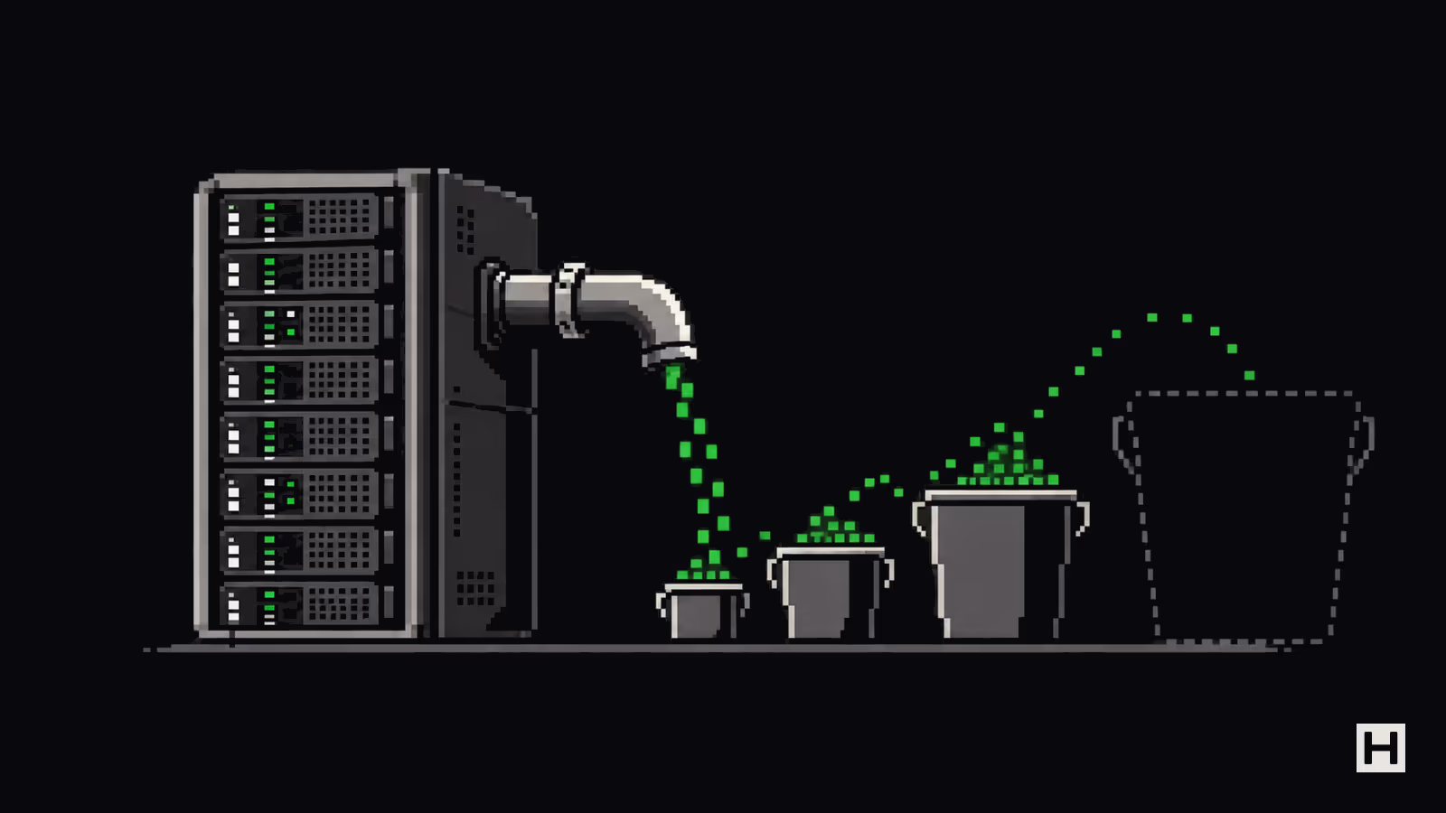 Pixel art : un serveur rack dont un tuyau déverse des pièces vertes dans des pots de plus en plus grands, le dernier en pointillés.