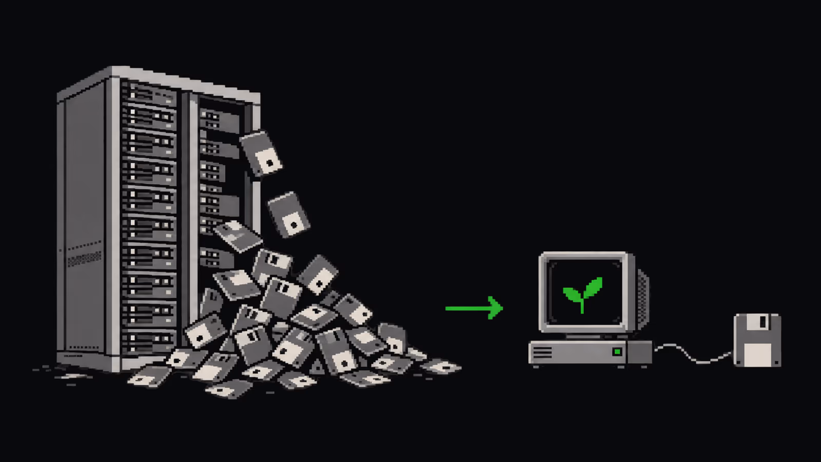 Pixel art : un grand rack déborde de disquettes ; une flèche mène à un petit ordinateur avec une pousse verte à l’écran et une seule disquette.