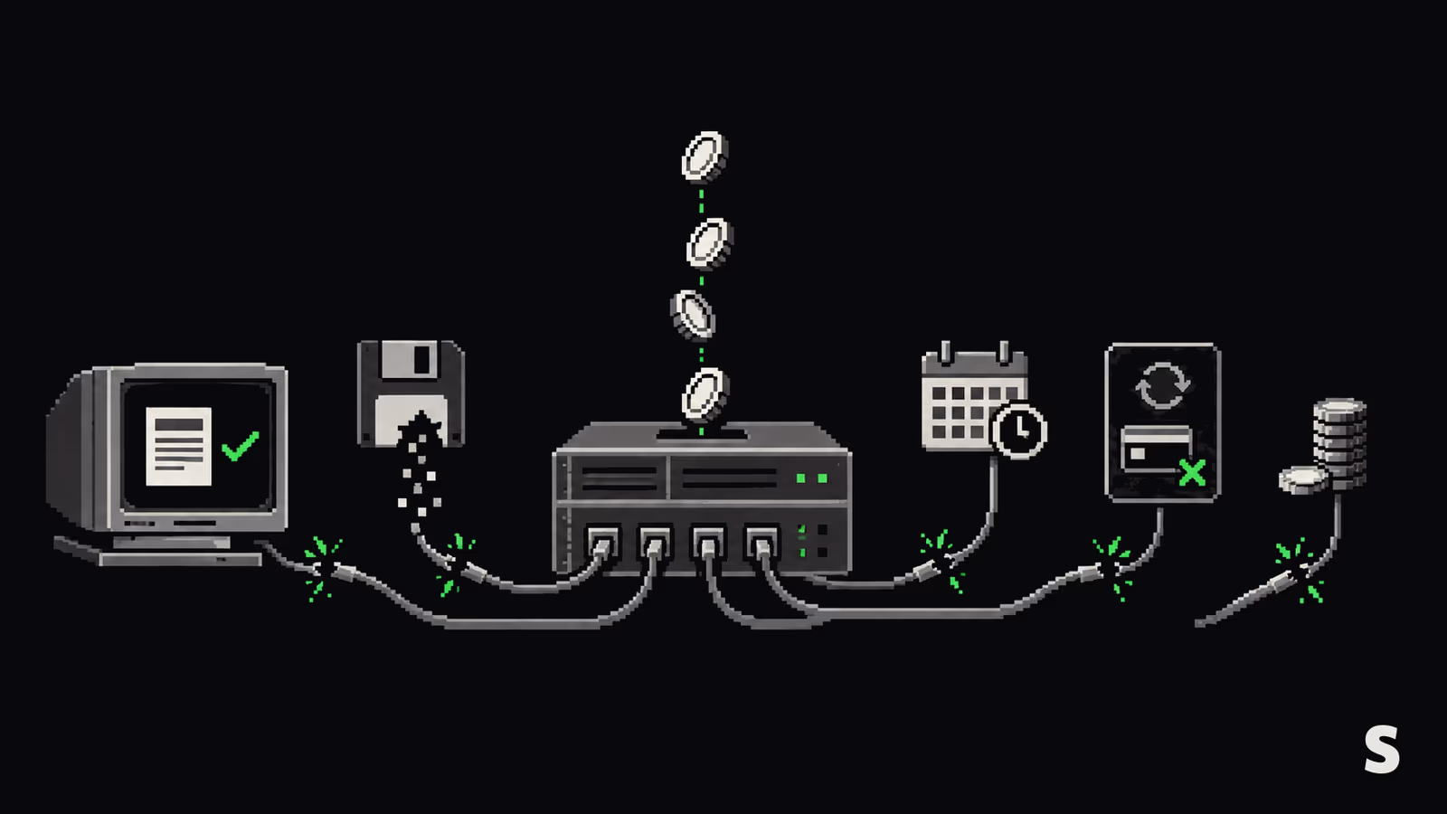 Pixel art : un terminal, une disquette et un serveur reliés par des câbles ; des pièces tombent dans le serveur, un calendrier et une carte barrée en aval.