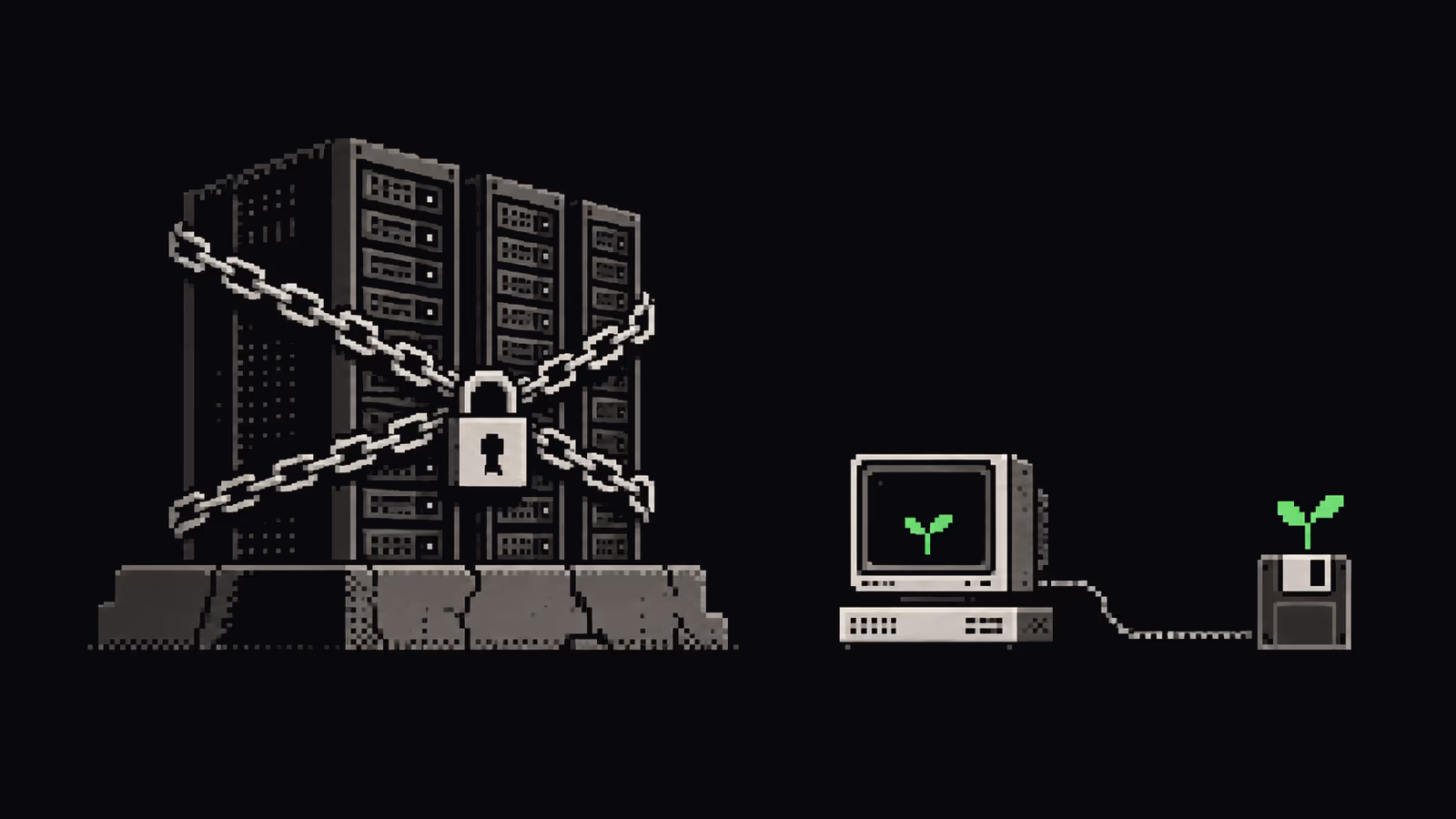 Pixel art : un serveur rack enchaîné et cadenassé sur un socle, à côté d’un petit ordinateur avec une pousse verte et une disquette qui germe.