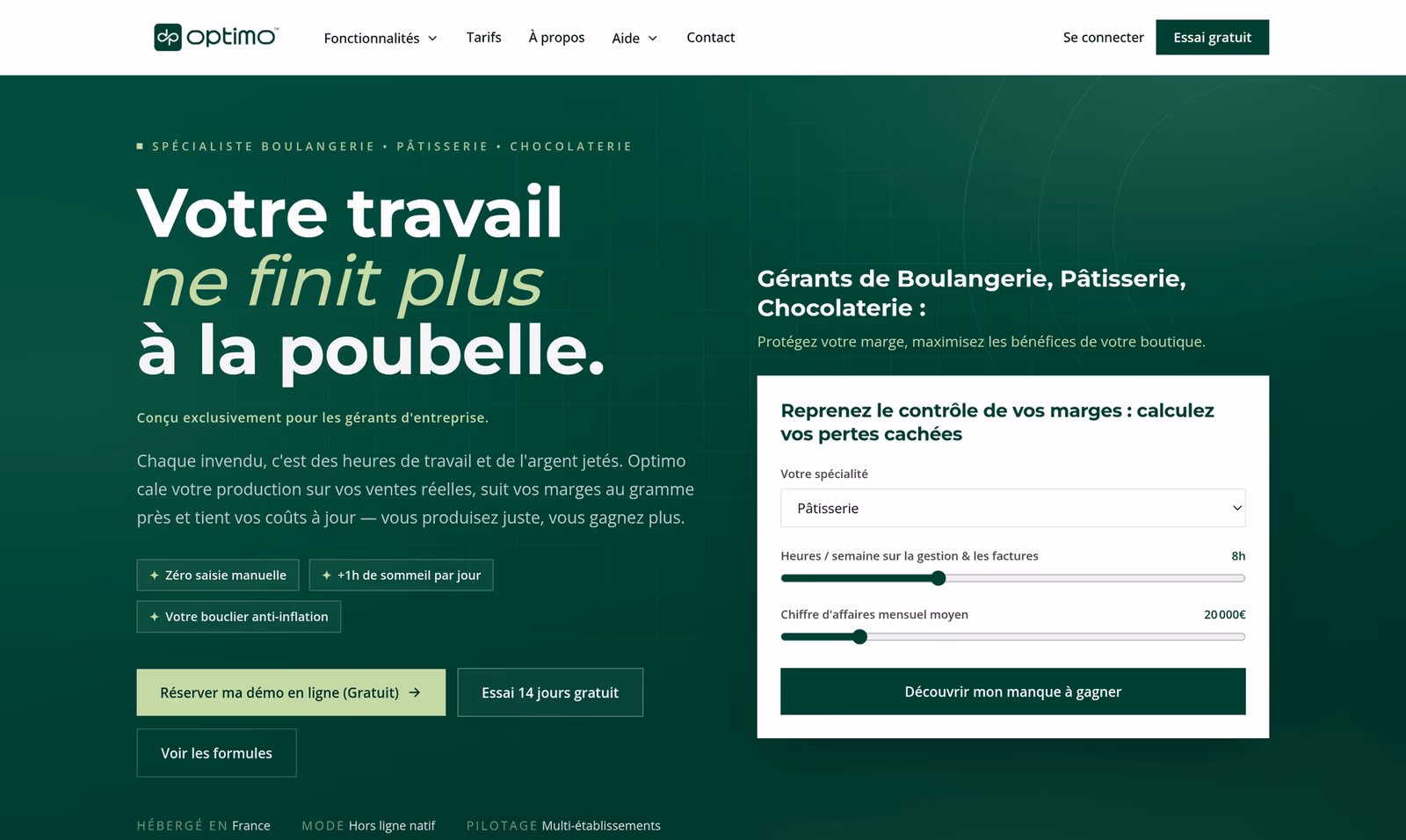 Page d'accueil d'Optimo : promesse « Votre travail ne finit plus à la poubelle », et simulateur de manque à gagner pour gérants de boulangerie-pâtisserie