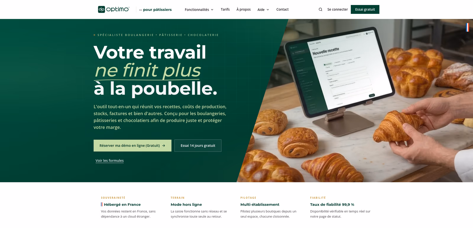 Page d'accueil d'Optimo : promesse « Votre travail ne finit plus à la poubelle », et simulateur de manque à gagner pour gérants de boulangerie-pâtisserie