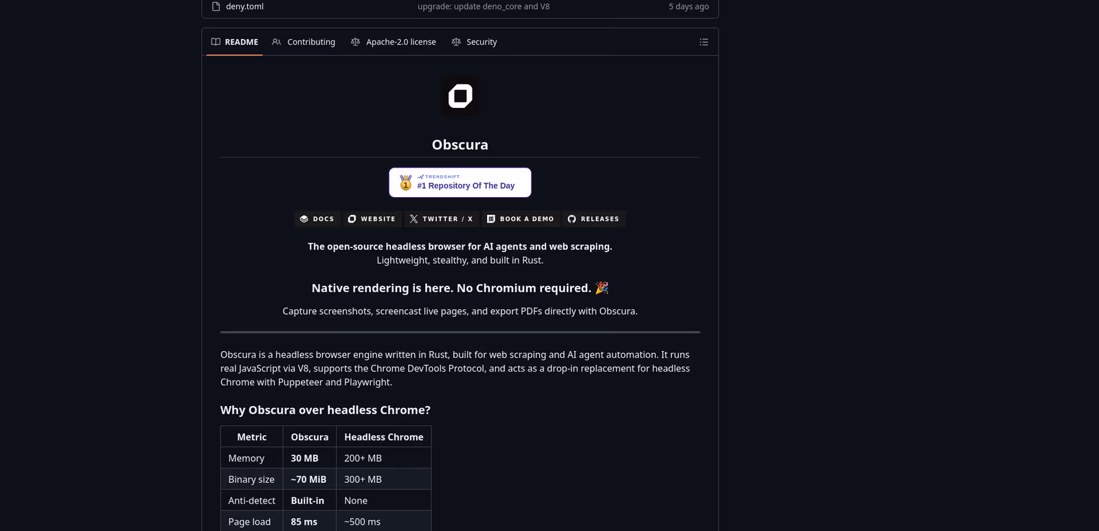 Capture d'écran du repository Github d'Obscura.