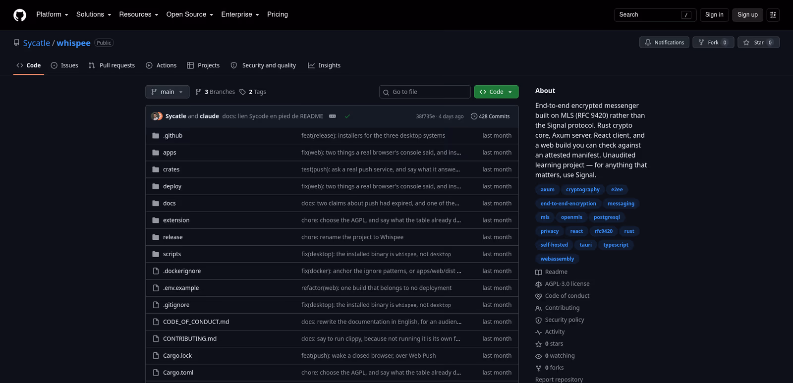 Capture d'écran du repository open-source de Whispee, un clone de WhatsApp